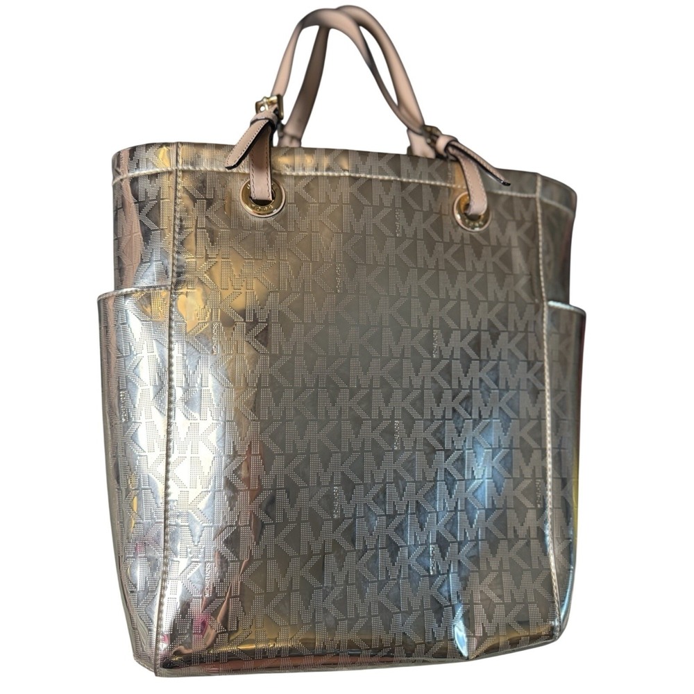 Michael Kors Metallic Gold MK Logo Tote Bag 14x14 Shoulder Purse